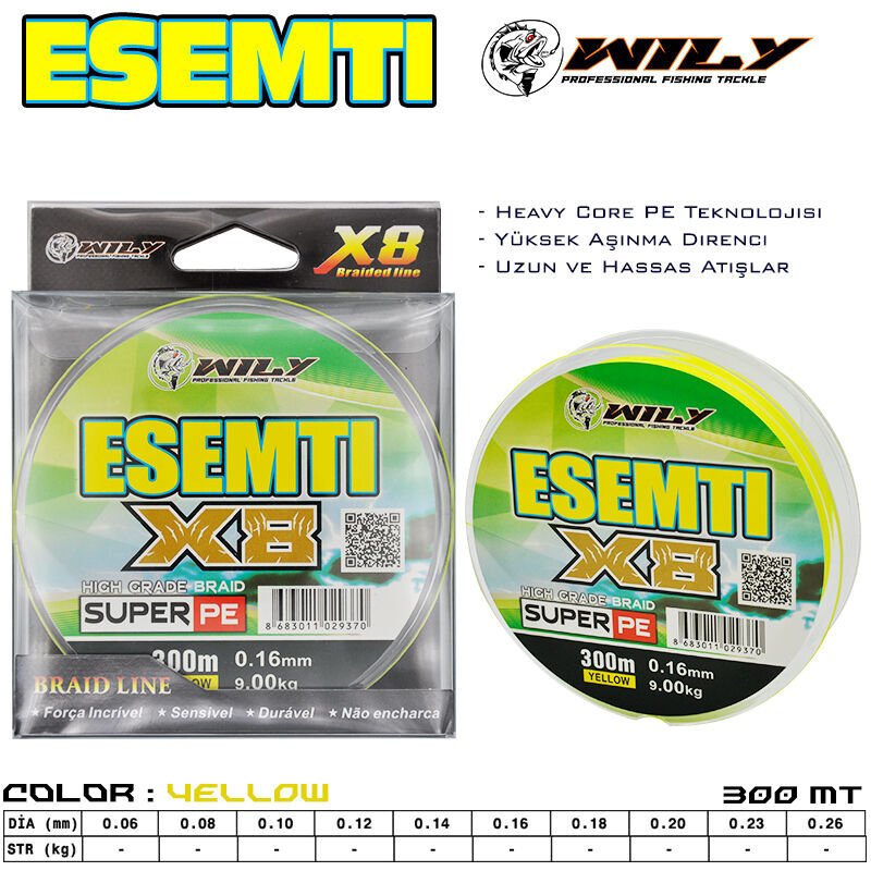 Wily Esenti 8 Kat İp Misina 300 mt Sarı